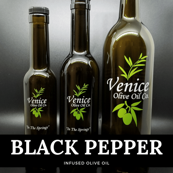 Venice Olive Oil Co. Black Pepper Infused Olive Oil shown in different bottle sizes