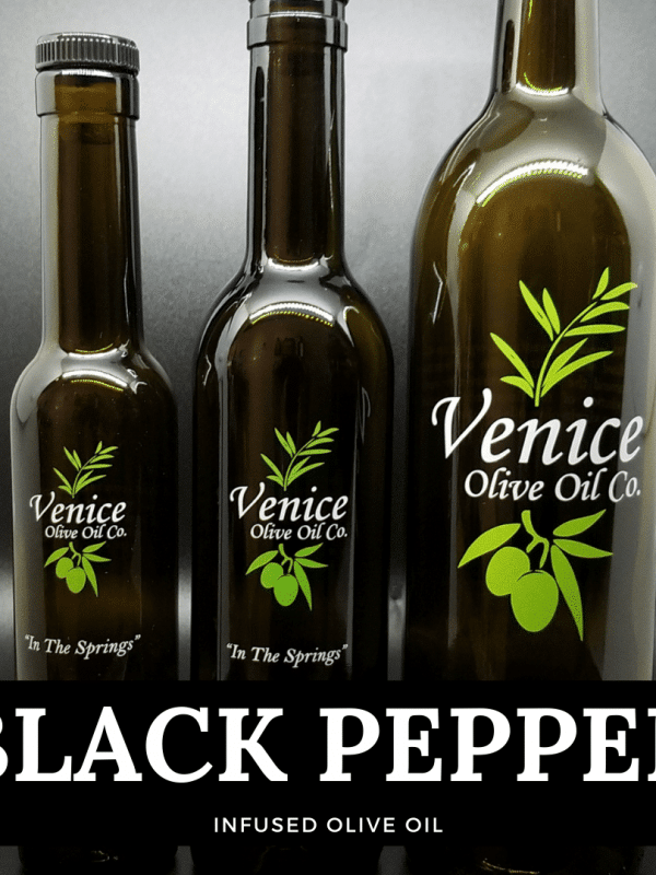 Venice Olive Oil Co. Black Pepper Infused Olive Oil shown in different bottle sizes
