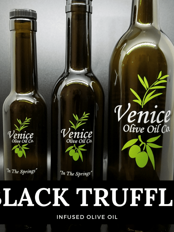 Venice Olive Oil Co. Black Truffle Infused Olive Oil shown in different bottle sizes