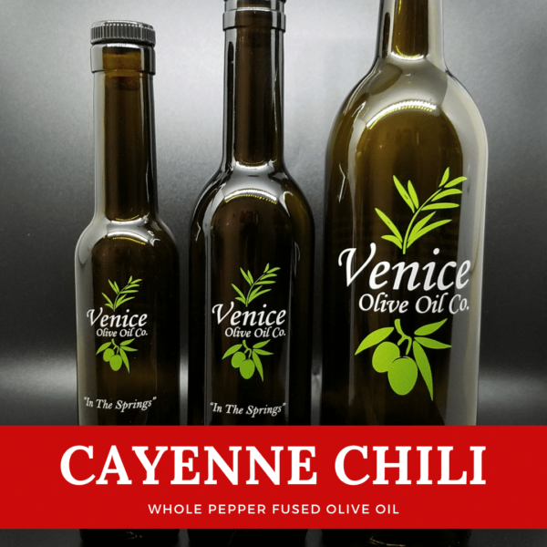 Venice Olive Oil Co. Cayenne Chili Whole Pepper Fused Olive Oil shown in different bottle sizes