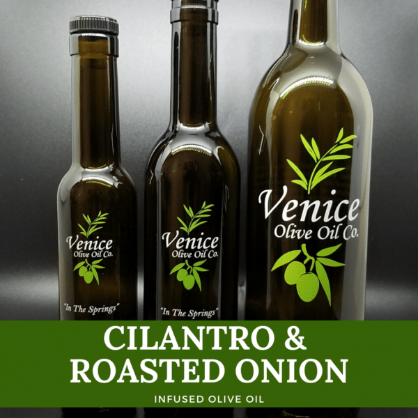 Venice Olive Oil Co. Cilantro & Roasted Onion Infused Olive Oil shown in different bottle sizes