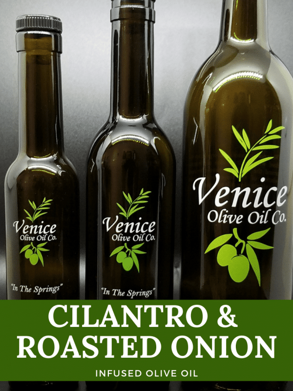Venice Olive Oil Co. Cilantro & Roasted Onion Infused Olive Oil shown in different bottle sizes