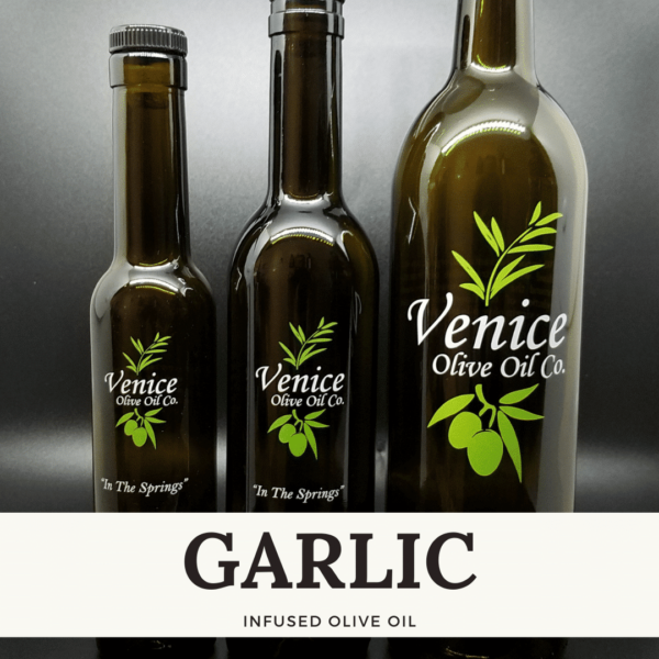 Venice Olive Oil Co. Garlic Infused Olive Oil shown in different bottle sizes
