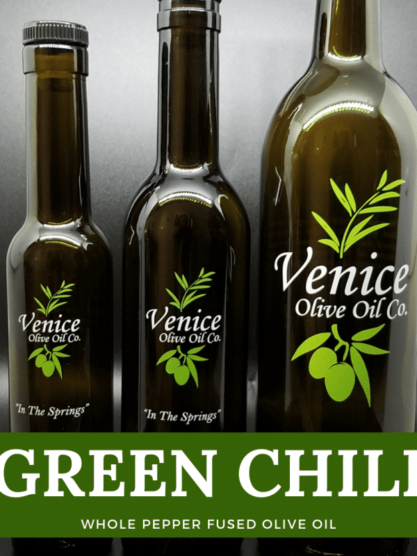 Venice Olive Oil Co. Green Chili Whole Pepper Fused Olive Oil shown in different bottle sizes