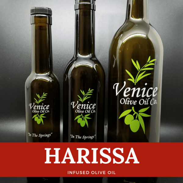 Venice Olive Oil Co. Harissa Infused Olive Oil shown in different bottle sizes