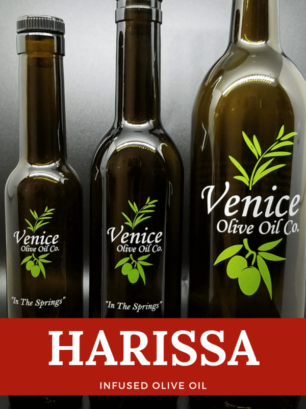 Venice Olive Oil Co. Harissa Infused Olive Oil shown in different bottle sizes