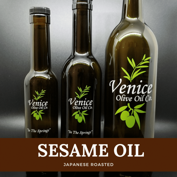 Venice Olive Oil Co. Japanese Roasted Sesame Oil shown in different bottle sizes