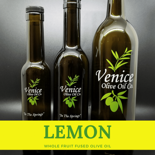 Venice Olive Oil Co. Lemon Whole Fruit Fused Olive Oil shown in different bottle sizes