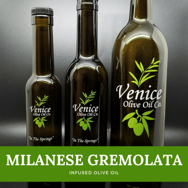 Venice Olive Oil Co. Milanese Gremolate Infused Olive Oil shown in different bottle sizes