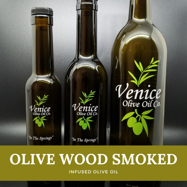 Venice Olive Oil Co. Olive Wood Smoked Infused Olive Oil shown in different bottle sizes