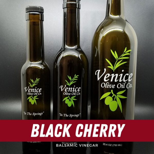 Venice Olive Oil Co. Black Cherry Balsamic Vinegar shown in different bottle sizes