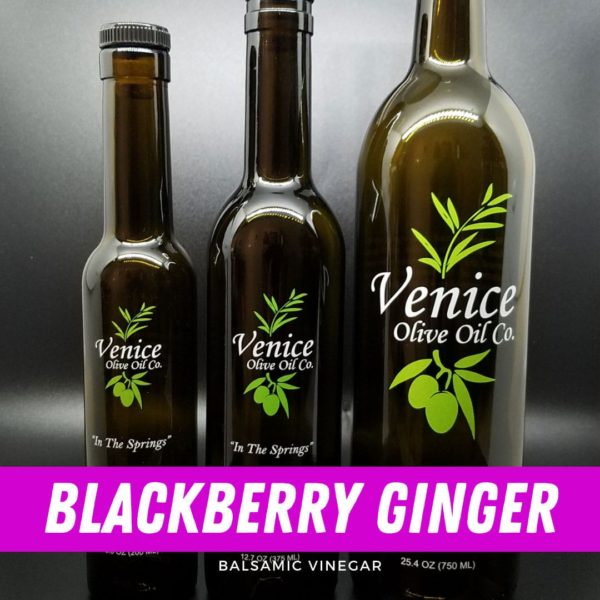 Venice Olive Oil Co. Blackberry Ginger Balsamic Vinegar shown in different bottle sizes