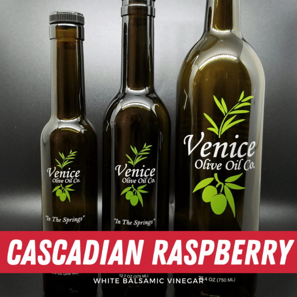 Venice Olive Oil Co. Cascadian Raspberry White Balsamic Vinegar shown in different bottle sizes