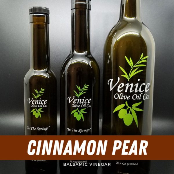Venice Olive Oil Co. Cinnamon Pear Balsamic Vinegar shown in different bottle sizes