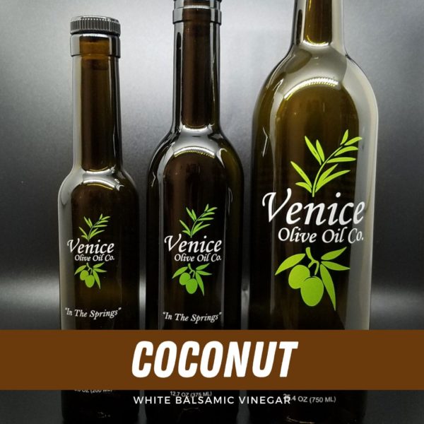 Venice Olive Oil Co. Coconut White Balsamic Vinegar shown in different bottle sizes