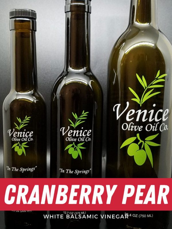 Venice Olive Oil Co. Cranberry Pear White Balsamic Vinegar shown in different bottle sizes