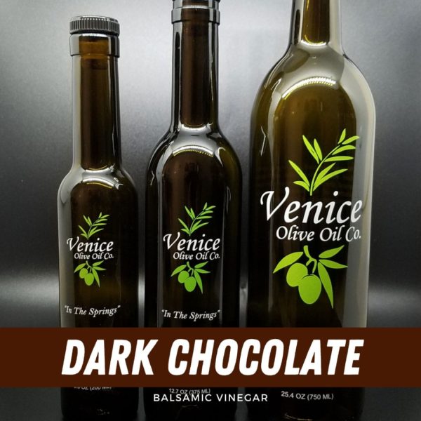 Venice Olive Oil Co. Dark Chocolate Balsamic Vinegar shown in different bottle sizes