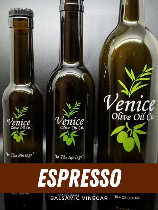 Venice Olive Oil Co. Espresso Balsamic Vinegar shown in different bottle sizes