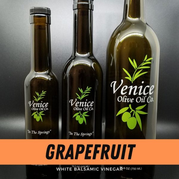Venice Olive Oil Co. Grapefruit White Balsamic Vinegar shown in different bottle sizes