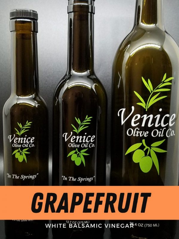 Venice Olive Oil Co. Grapefruit White Balsamic Vinegar shown in different bottle sizes