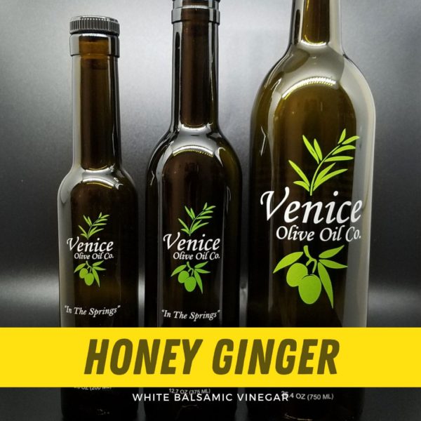 Venice Olive Oil Co. Honey Ginger White Balsamic Vinegar shown in different bottle sizes