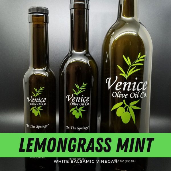 Venice Olive Oil Co. Lemongrass Mint White Balsamic Vinegar shown in different bottle sizes
