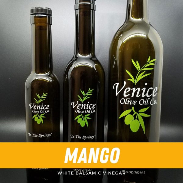 Venice Olive Oil Co. Mango White Balsamic Vinegar shown in different bottle sizes