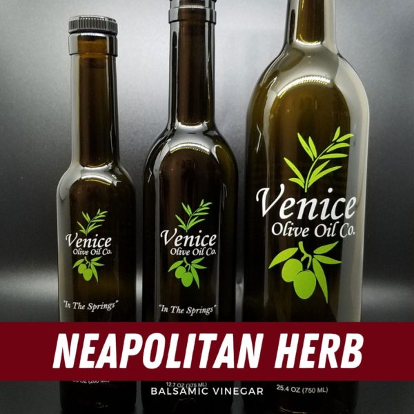Venice Olive Oil Co. Neapolitan Herb Balsamic Vinegar shown in different bottle sizes