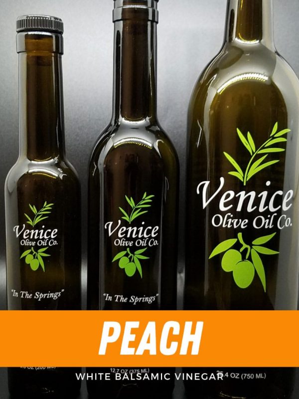 Venice Olive Oil Co. Peach White Balsamic Vinegar shown in different bottle sizes