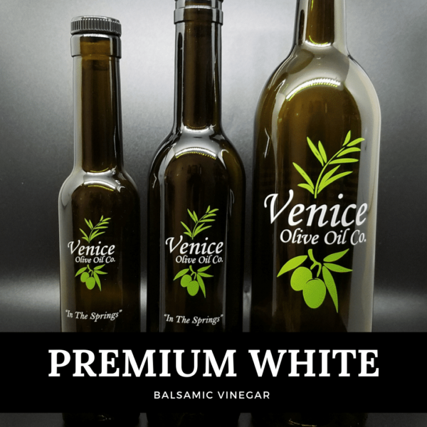 Venice Olive Oil Co. Premium White Balsamic Vinegar shown in different bottle sizes