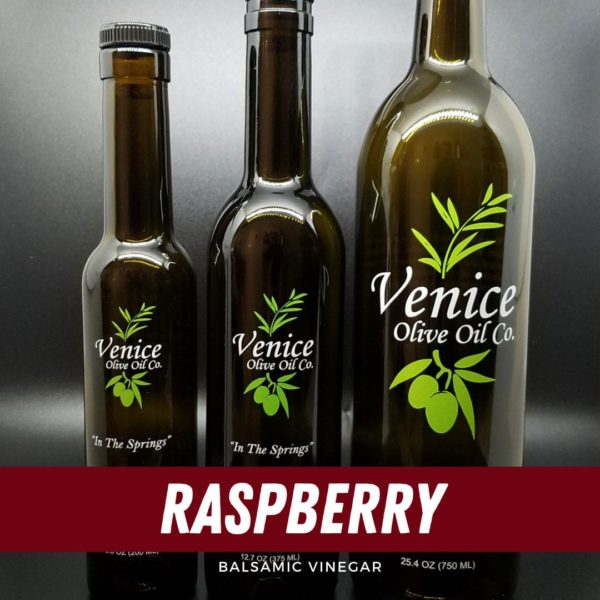 Venice Olive Oil Co. Raspberry Balsamic Vinegar shown in different bottle sizes
