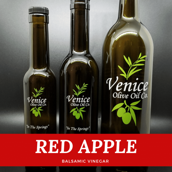 Venice Olive Oil Co. Red Apple Balsamic Vinegar shown in different bottle sizes
