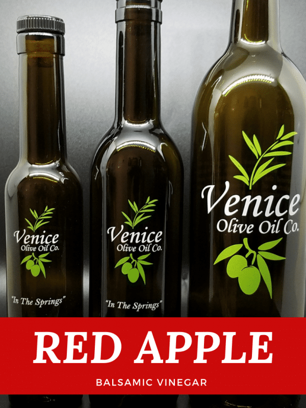 Venice Olive Oil Co. Red Apple Balsamic Vinegar shown in different bottle sizes