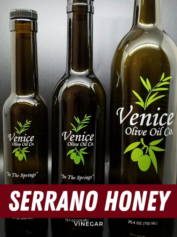 Venice Olive Oil Co. Serrano Honey Balsamic Vinegar shown in different bottle sizes