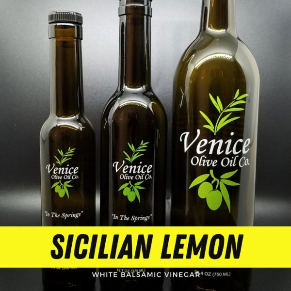 Venice Olive Oil Co. Sicilian Lemon White Balsamic Vinegar shown in different bottle sizes