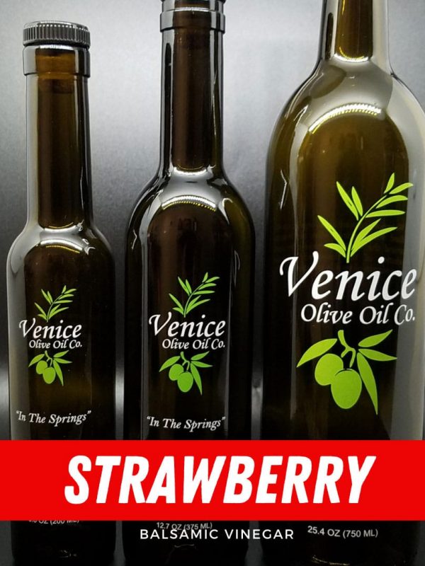 Venice Olive Oil Co. Strawberry Balsamic Vinegar shown in different bottle sizes