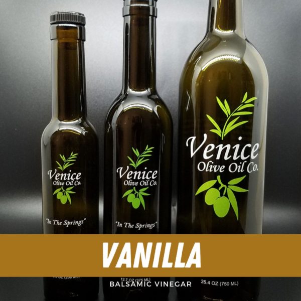 Venice Olive Oil Co. Vanilla Balsamic Vinegar shown in different bottle sizes