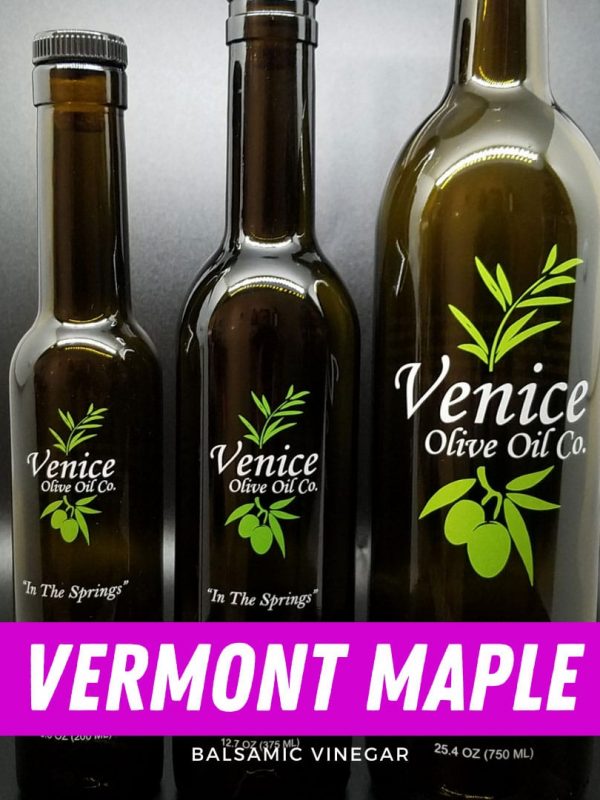 Venice Olive Oil Co. Vermont Maple Balsamic Vinegar shown in different bottle sizes