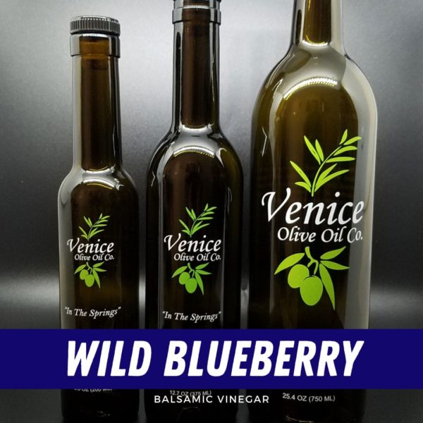 Venice Olive Oil Co. Wild Blueberry Balsamic Vinegar shown in different bottle sizes